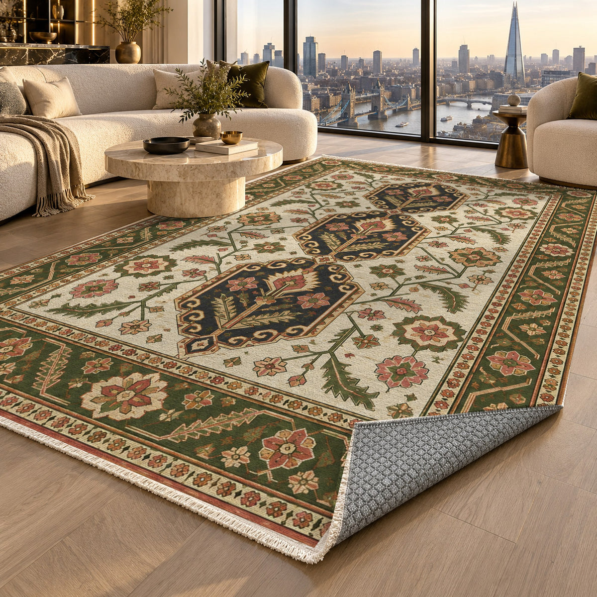 Palmette Chain Ivory Olive Ethnic Washable Rug — london luxury living