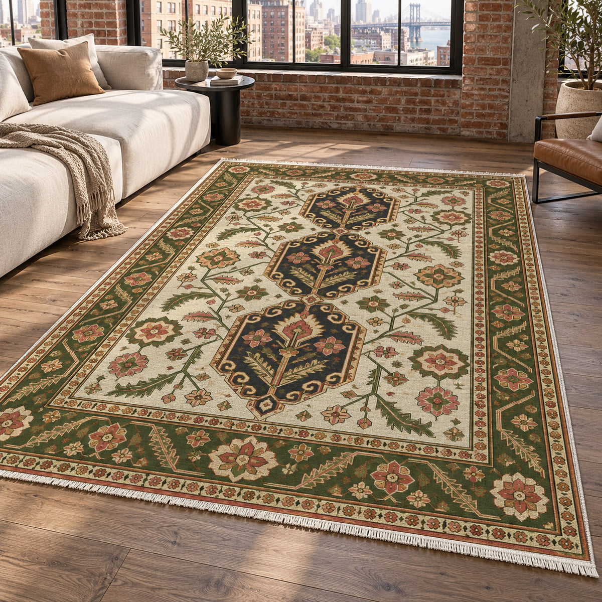 Palmette Chain Ivory Olive Ethnic Washable Rug — new york living