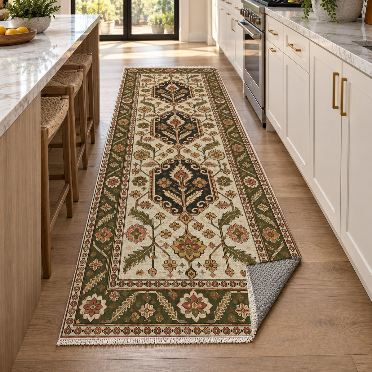 Palmette Chain Ivory Olive Ethnic Washable Rug — new york kitchen runner
