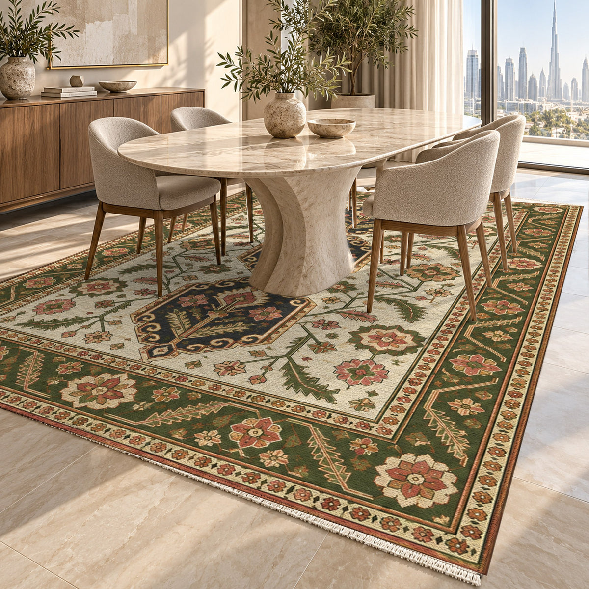 Palmette Chain Ivory Olive Ethnic Washable Rug — dubai dining