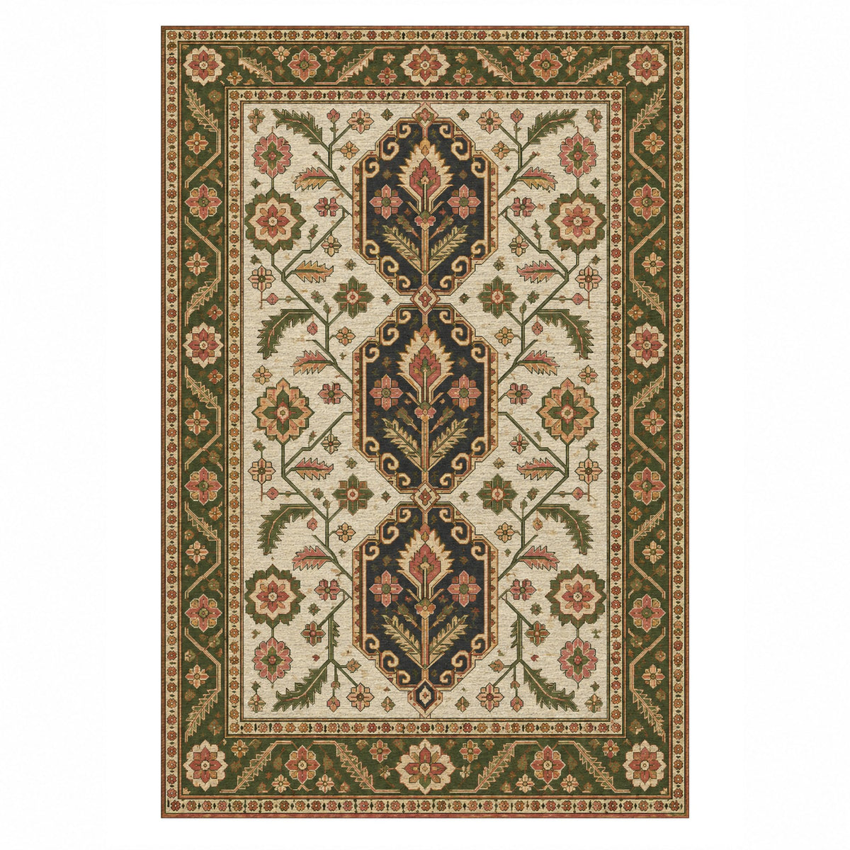 Palmette Chain Ivory Olive Ethnic Washable Rug — top view