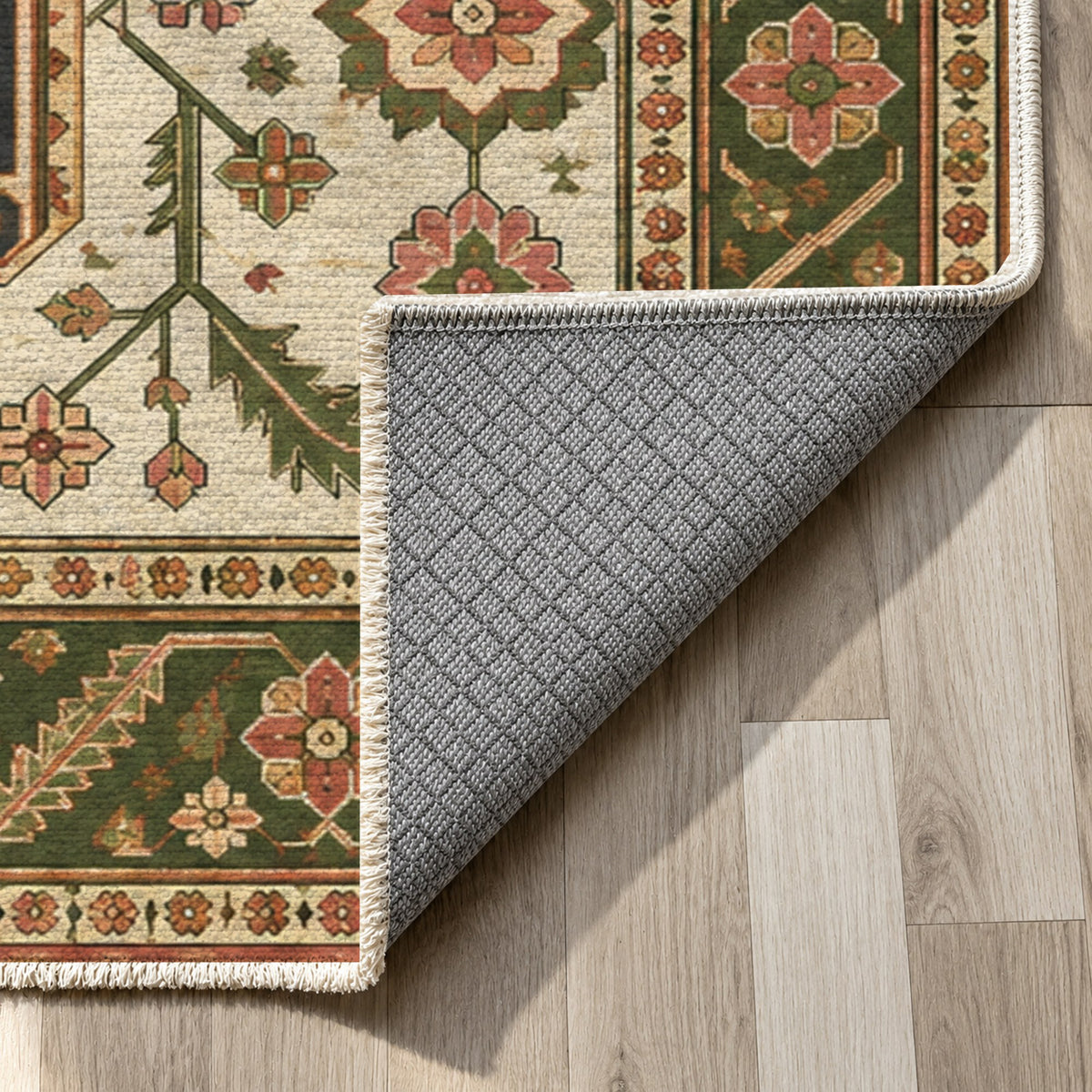 Palmette Chain Ivory Olive Ethnic Washable Rug — backing close up