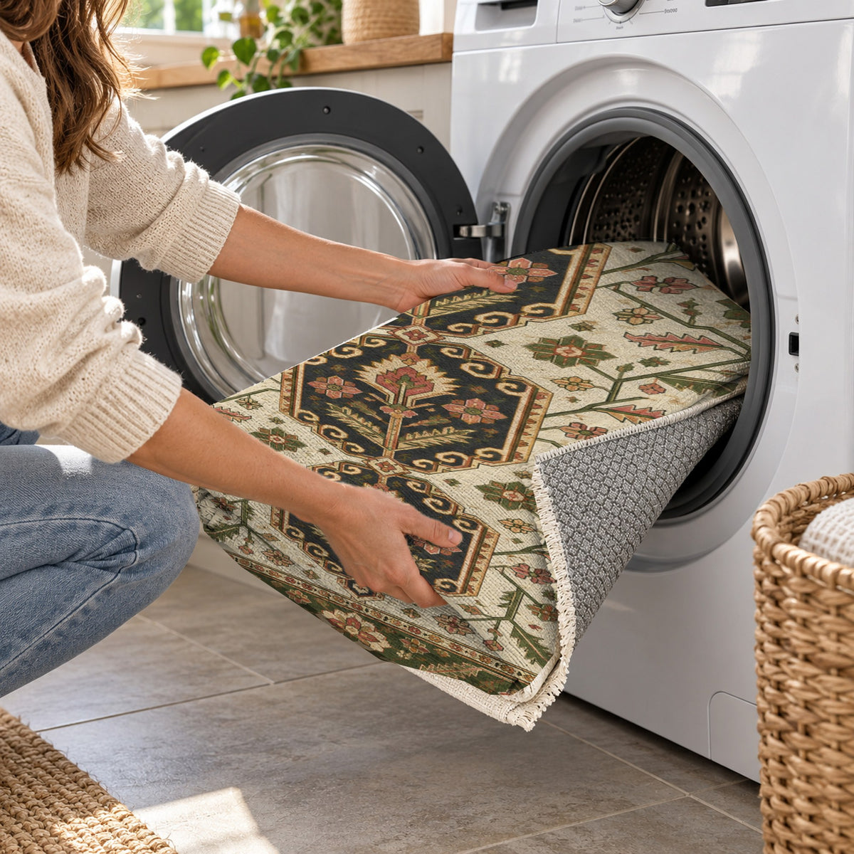 Palmette Chain Ivory Olive Ethnic Washable Rug — washing machine