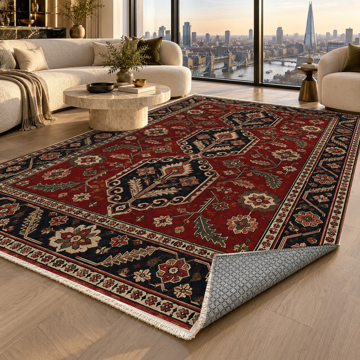 Palmette Chain Ruby Midnight Ethnic Washable Rug — london luxury living