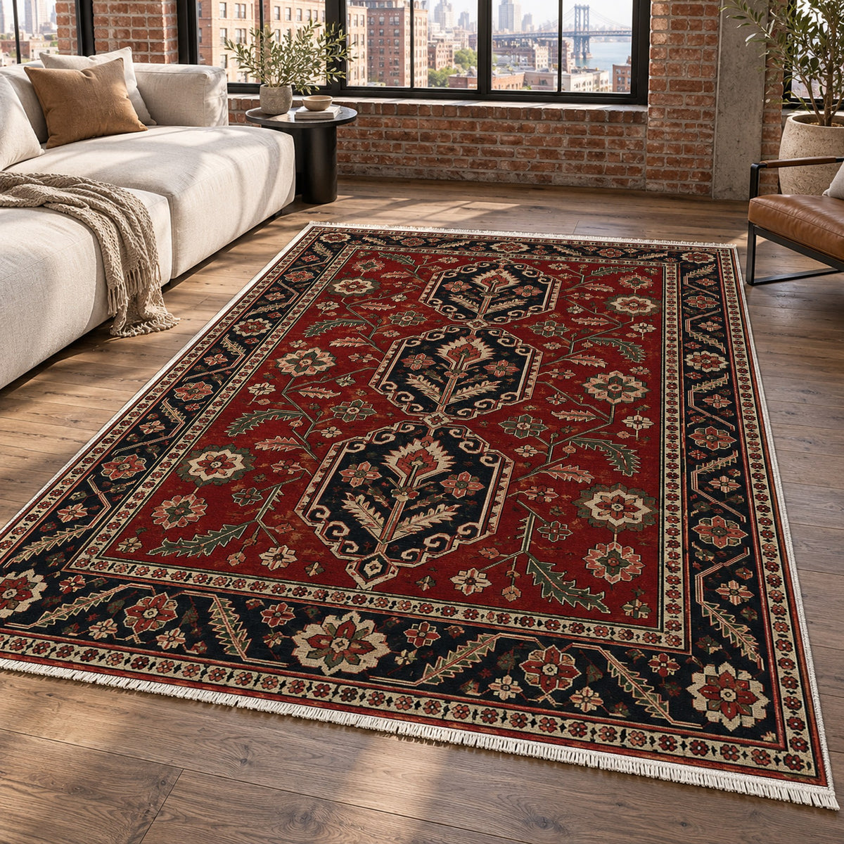 Palmette Chain Ruby Midnight Ethnic Washable Rug — new york living