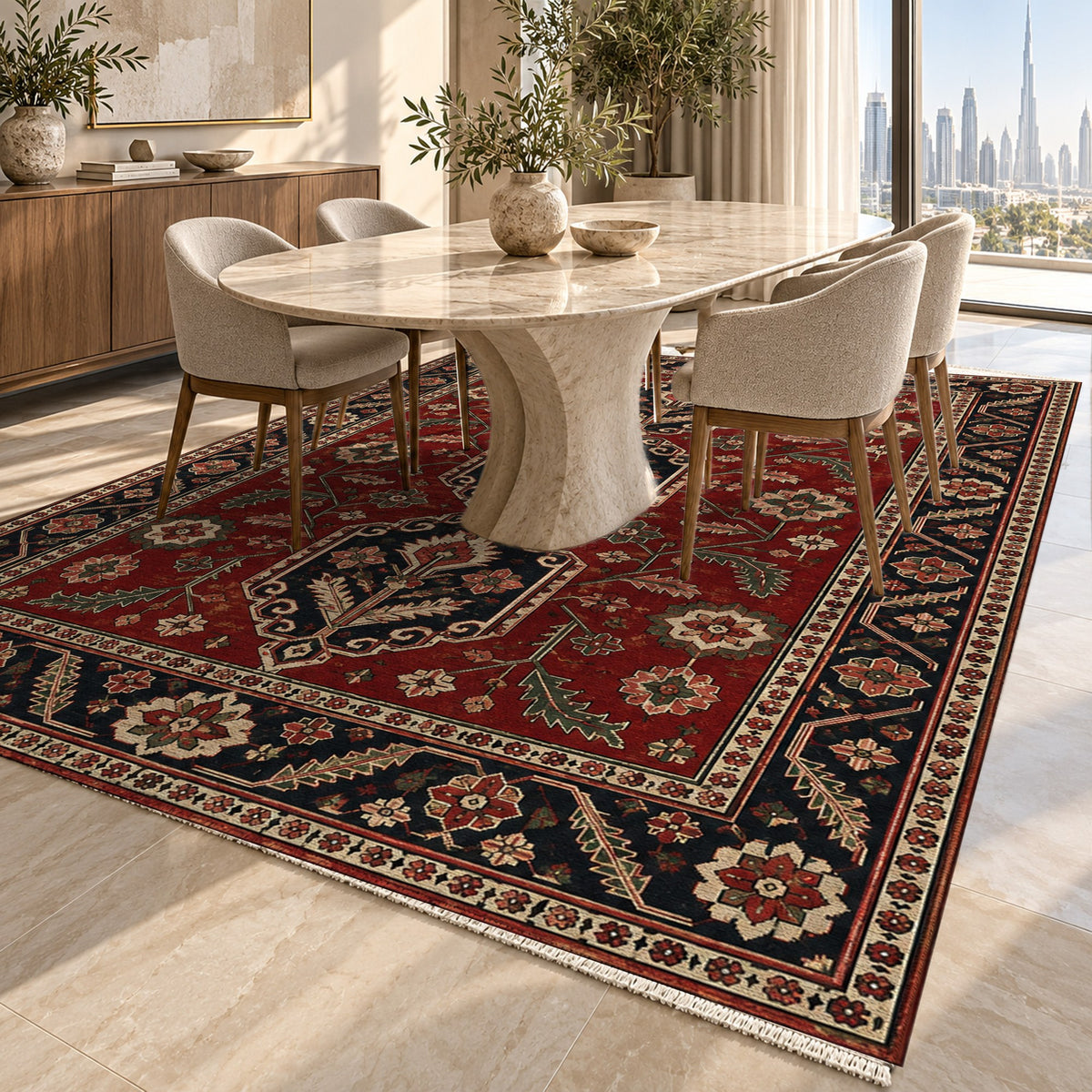 Palmette Chain Ruby Midnight Ethnic Washable Rug — dubai dining