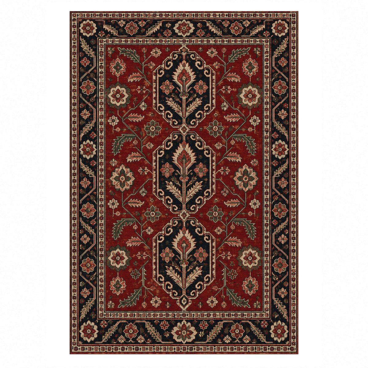 Palmette Chain Ruby Midnight Ethnic Washable Rug — top view
