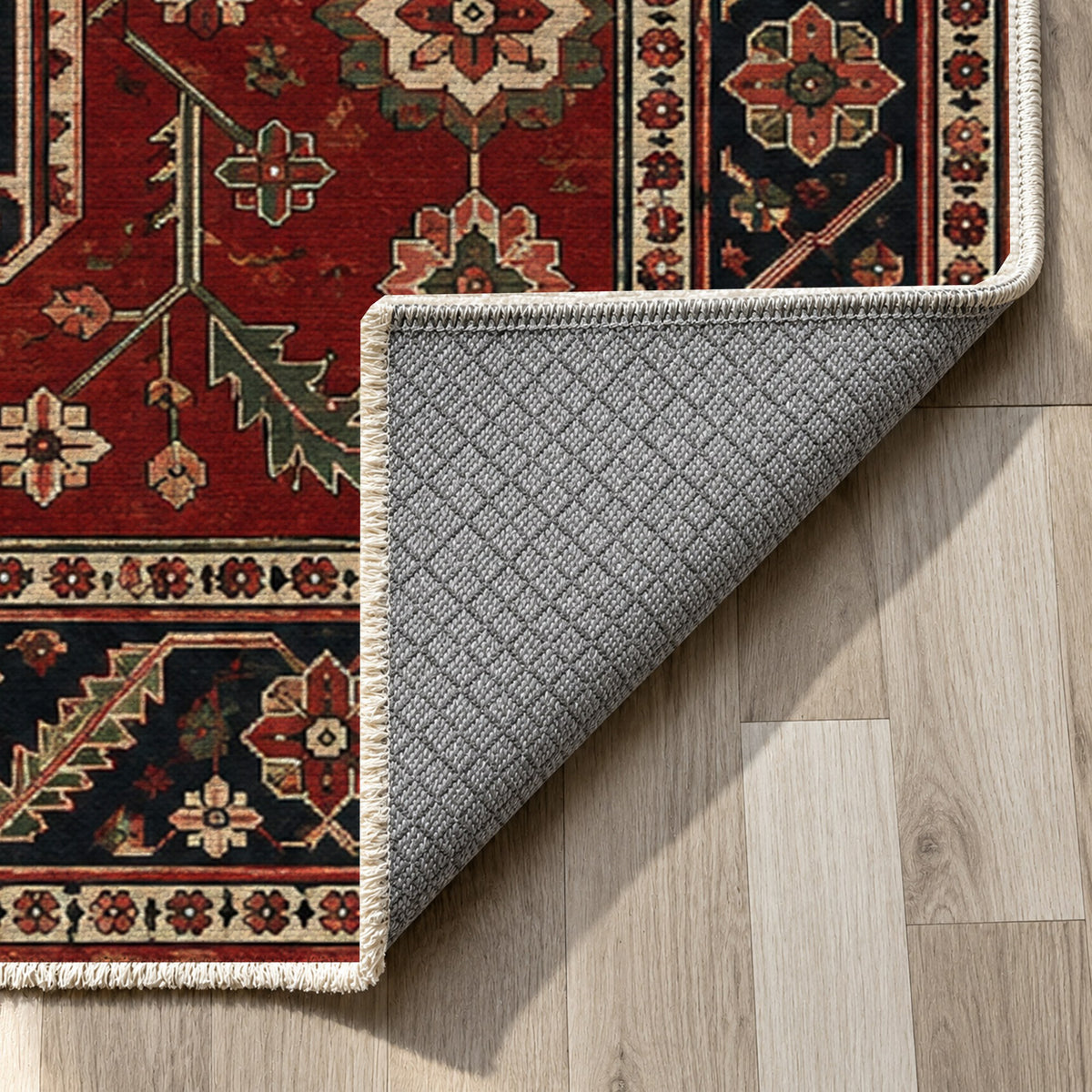 Palmette Chain Ruby Midnight Ethnic Washable Rug — backing close up