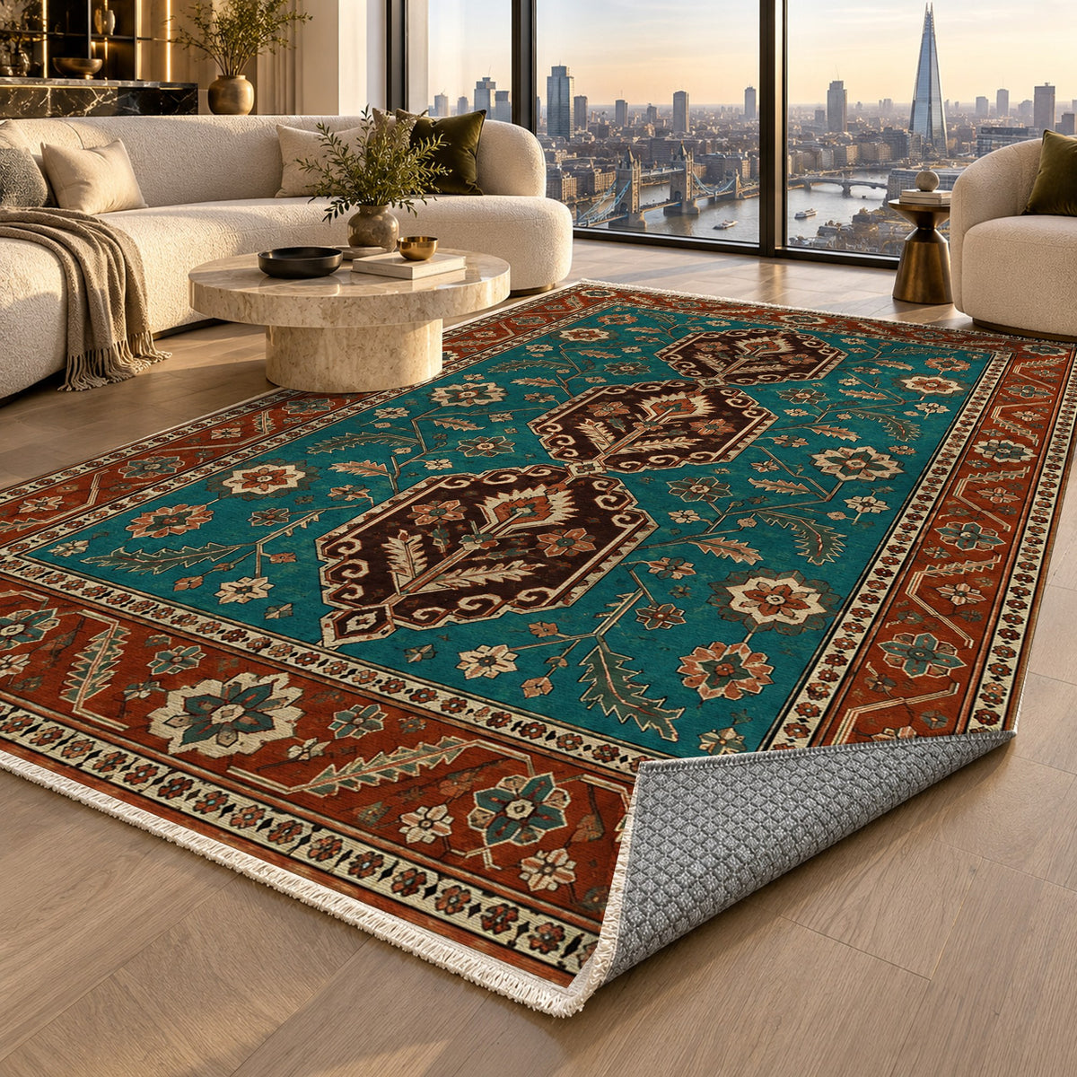 Palmette Chain Turquoise Copper Ethnic Washable Rug — london luxury living