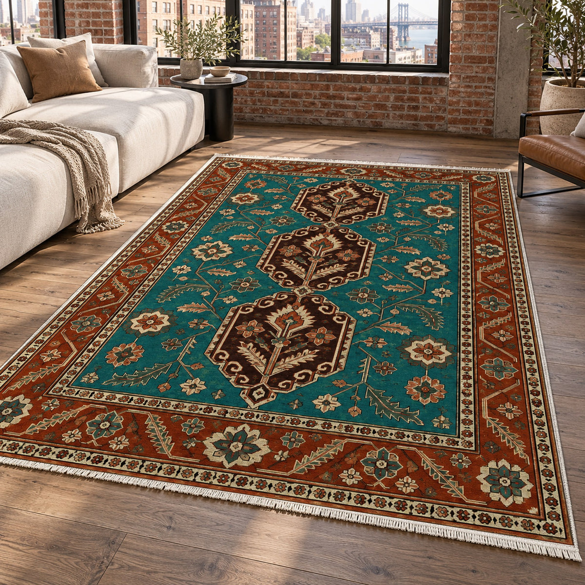 Palmette Chain Turquoise Copper Ethnic Washable Rug — new york living