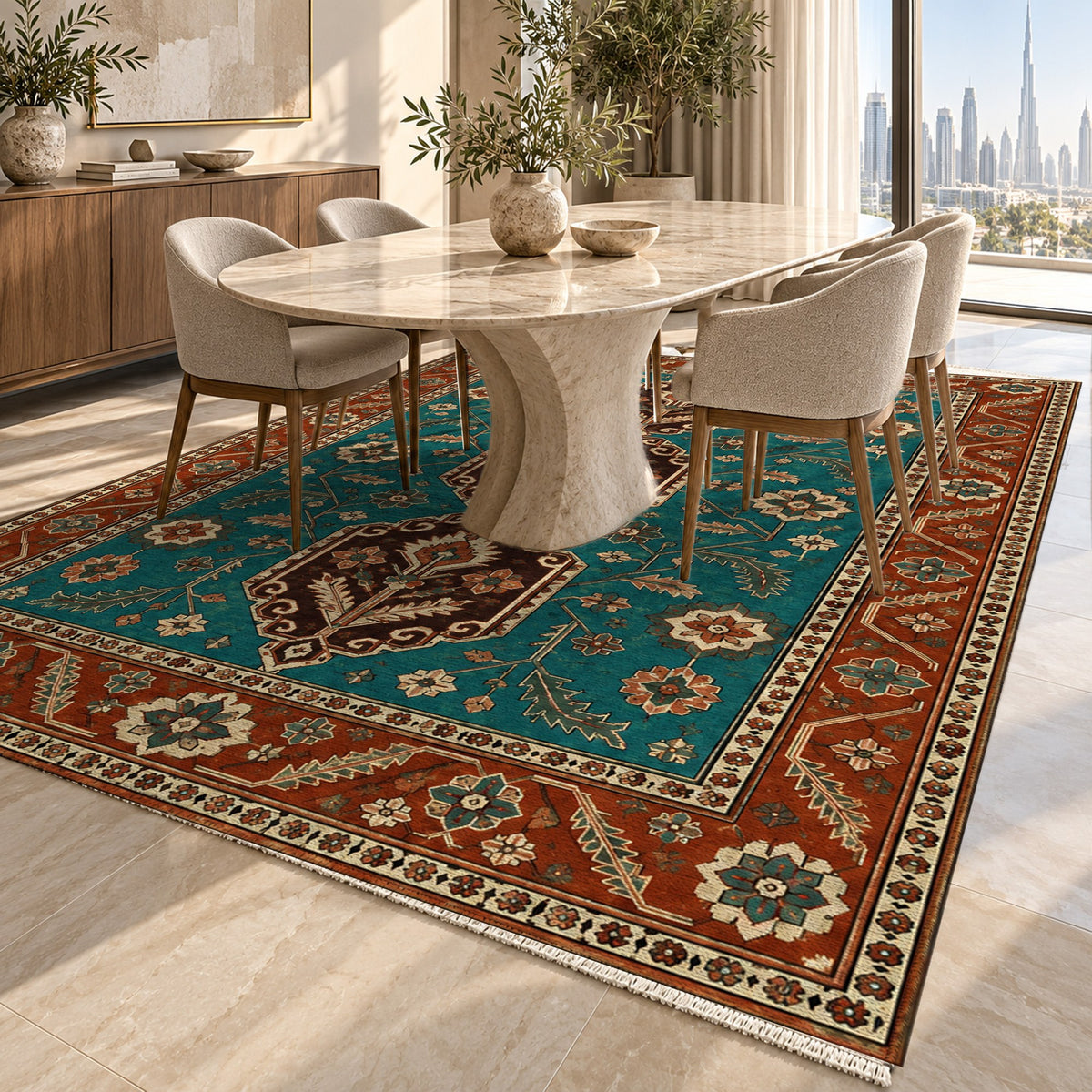 Palmette Chain Turquoise Copper Ethnic Washable Rug — dubai dining