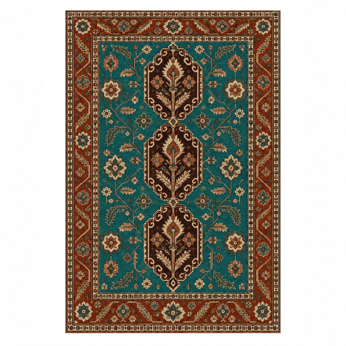 Palmette Chain Turquoise Copper Ethnic Washable Rug — top view