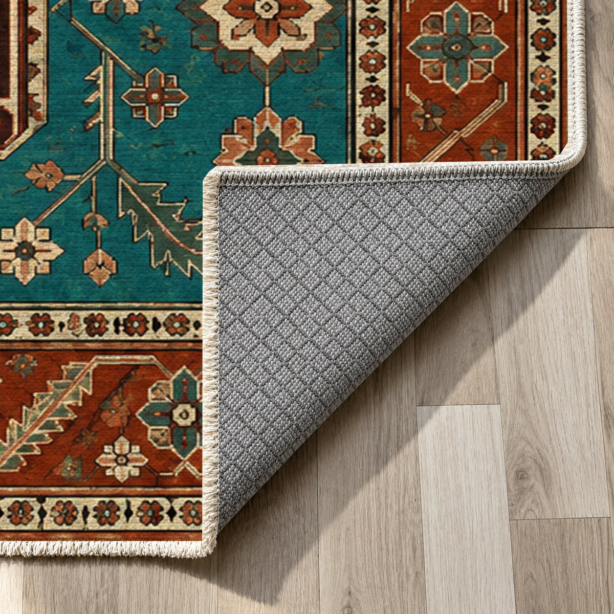 Palmette Chain Turquoise Copper Ethnic Washable Rug — backing close up