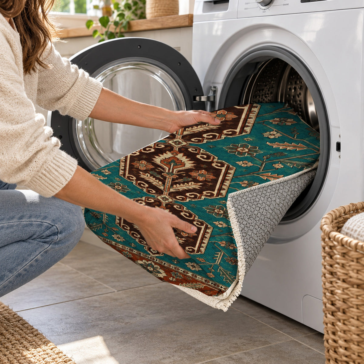 Palmette Chain Turquoise Copper Ethnic Washable Rug — washing machine