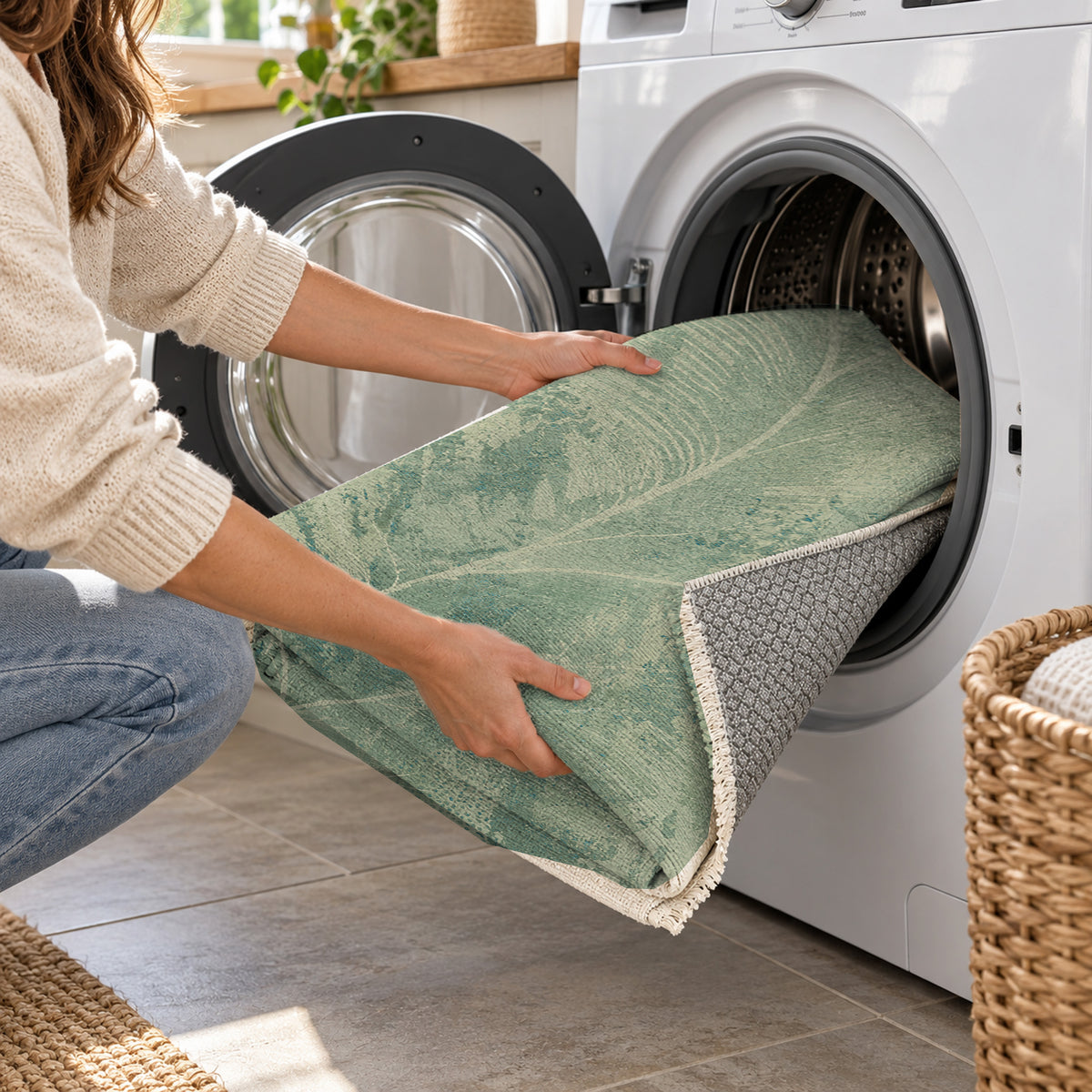 Pampas Aqua Abstract Washable Rug — washing machine