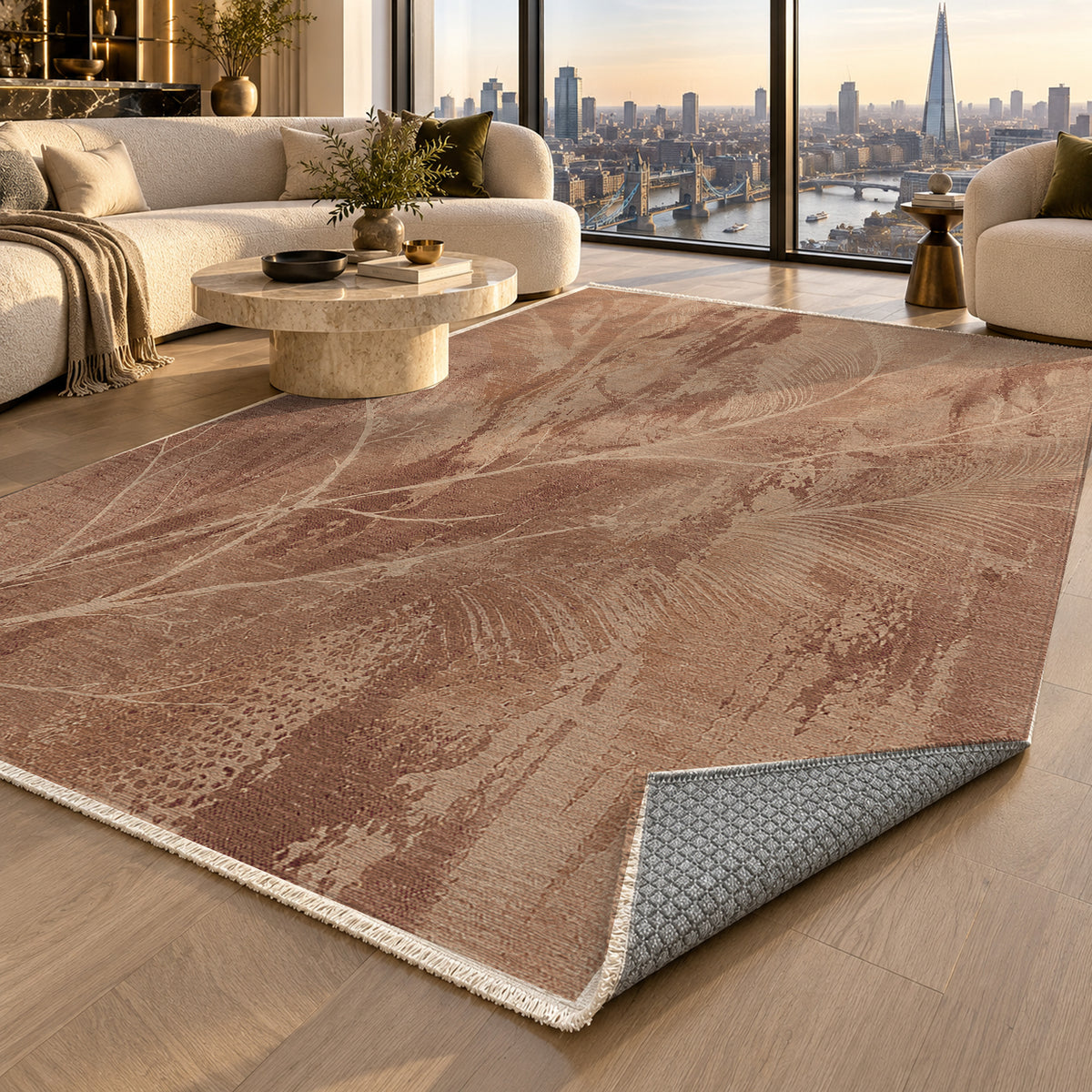 Pampas Terracotta Abstract Washable Rug — london luxury living