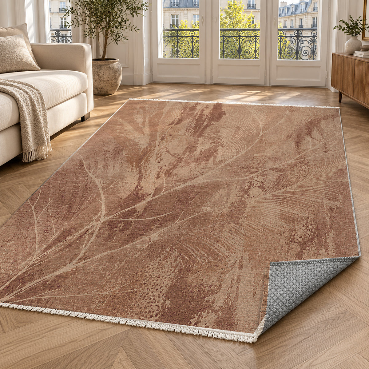 Pampas Terracotta Abstract Washable Rug — paris living
