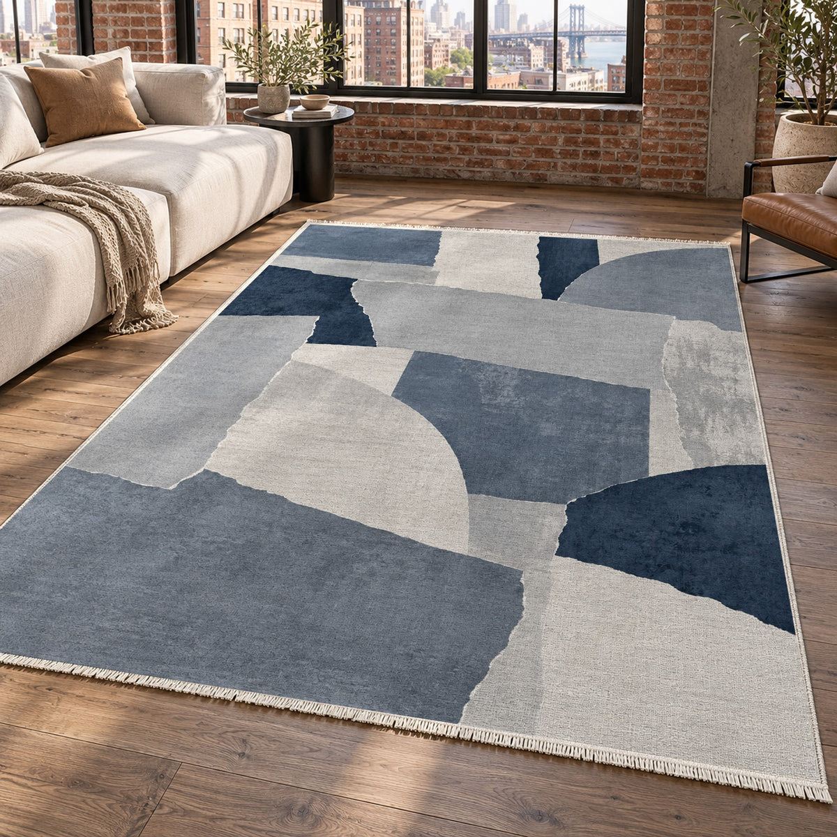 Paper Collage Blue Grey Modern Washable Rug — new york living