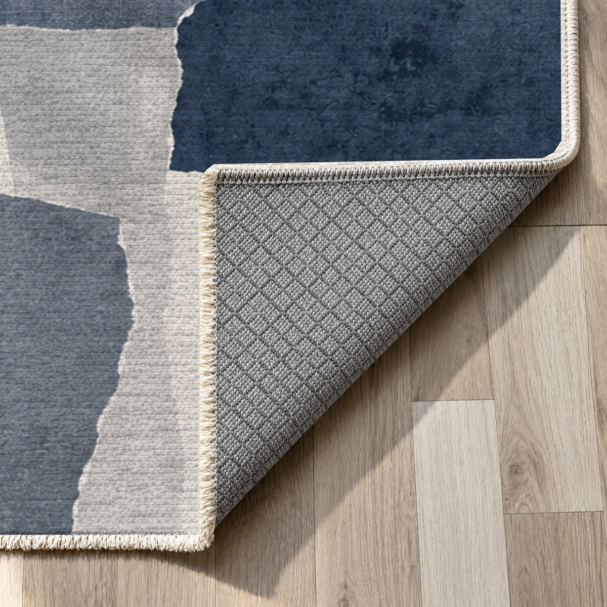 Paper Collage Blue Grey Modern Washable Rug — backing close up