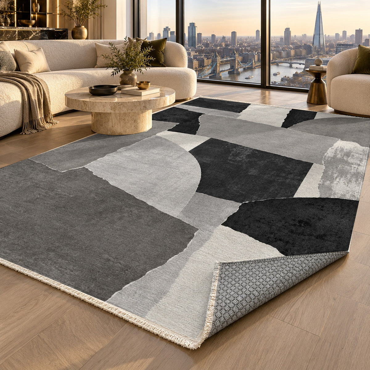 Paper Collage Charcoal Ivory Modern Washable Rug — london luxury living