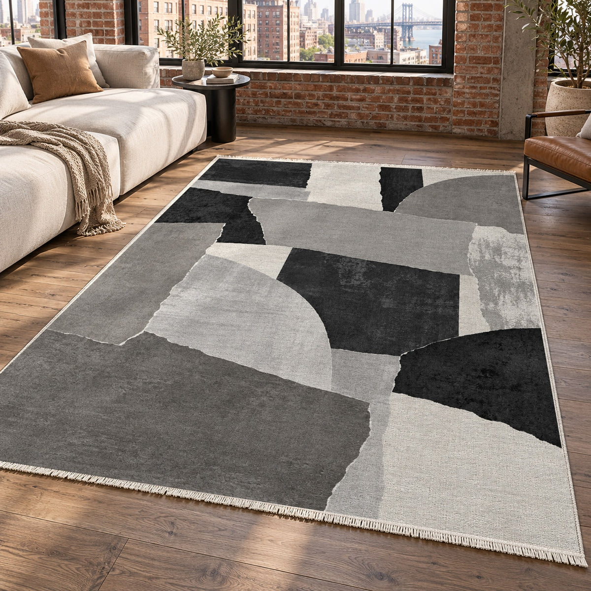 Paper Collage Charcoal Ivory Modern Washable Rug — new york living