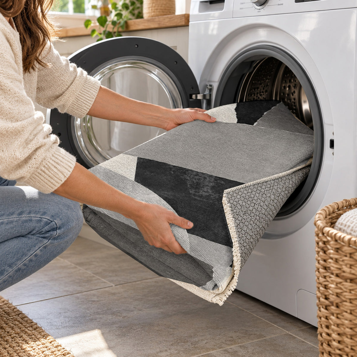 Paper Collage Charcoal Ivory Modern Washable Rug — washing machine