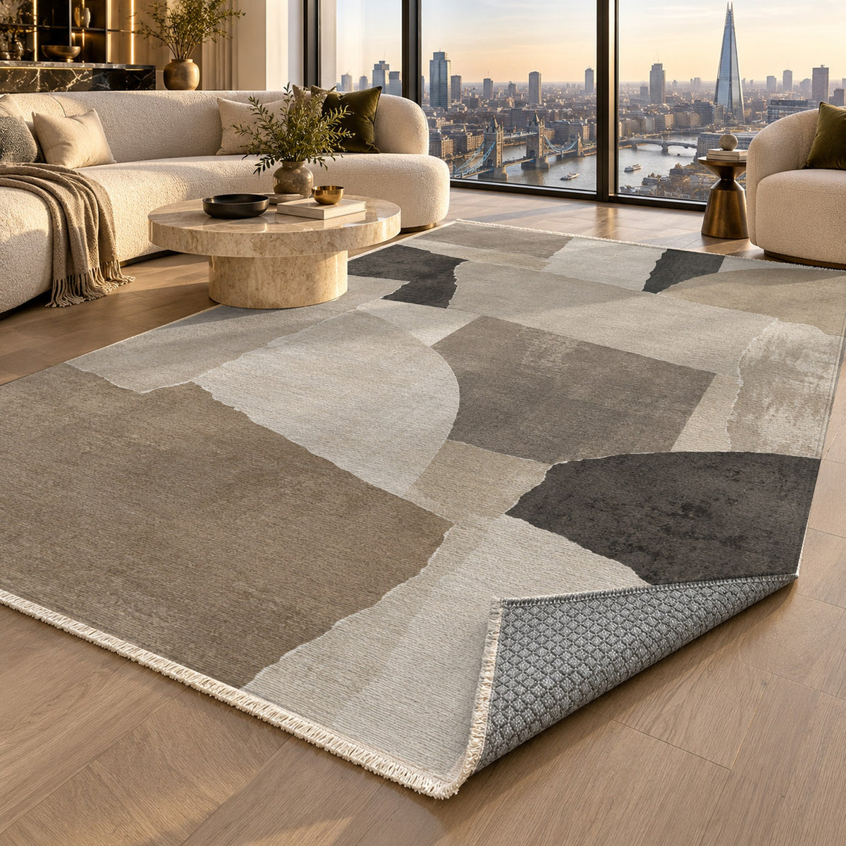 Paper Collage Ivory Taupe Modern Washable Rug — london luxury living