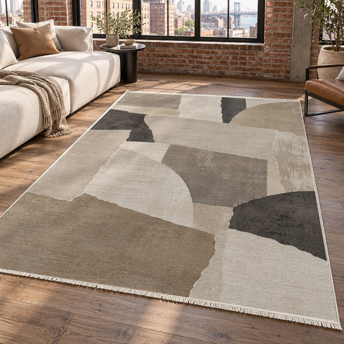 Paper Collage Ivory Taupe Modern Washable Rug — new york living