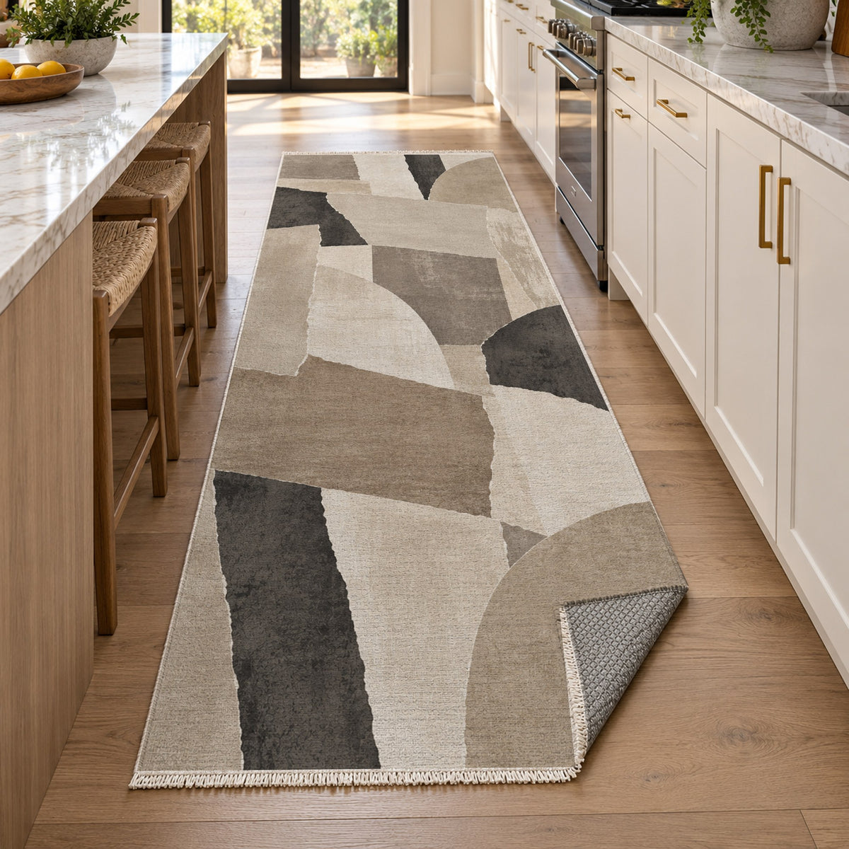 Paper Collage Ivory Taupe Modern Washable Rug — new york kitchen runner