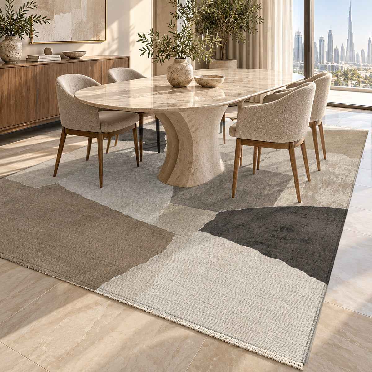 Paper Collage Ivory Taupe Modern Washable Rug — dubai dining