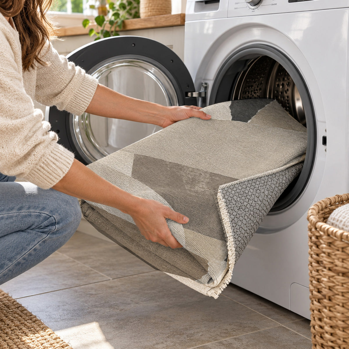 Paper Collage Ivory Taupe Modern Washable Rug — washing machine