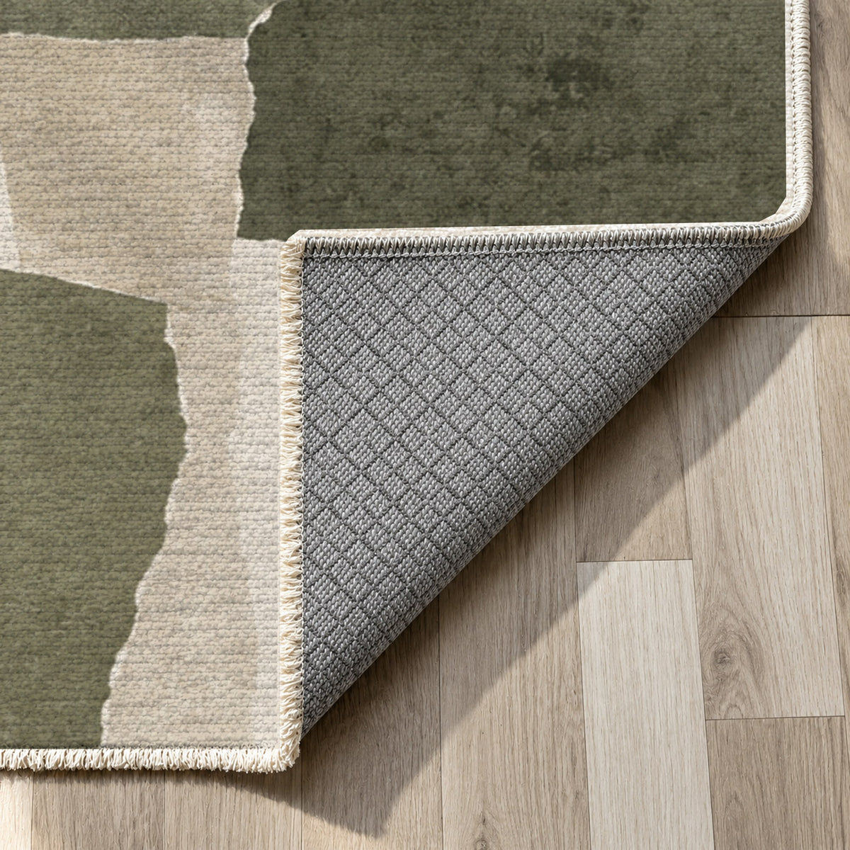 Paper Collage Sage Sand Modern Washable Rug — backing close up