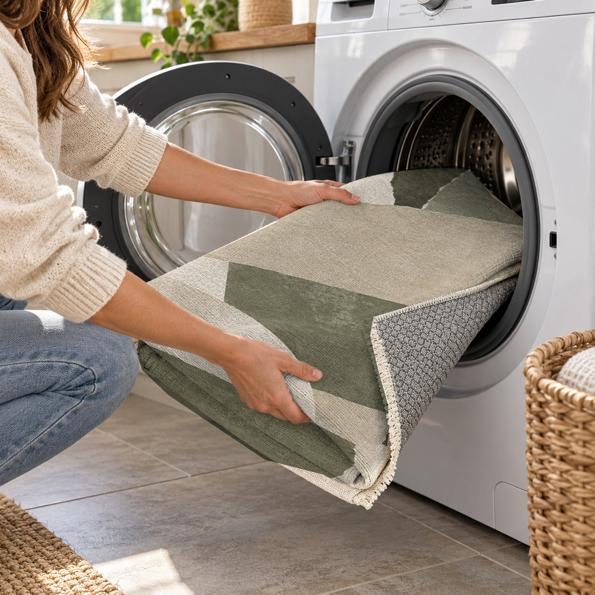 Paper Collage Sage Sand Modern Washable Rug — washing machine