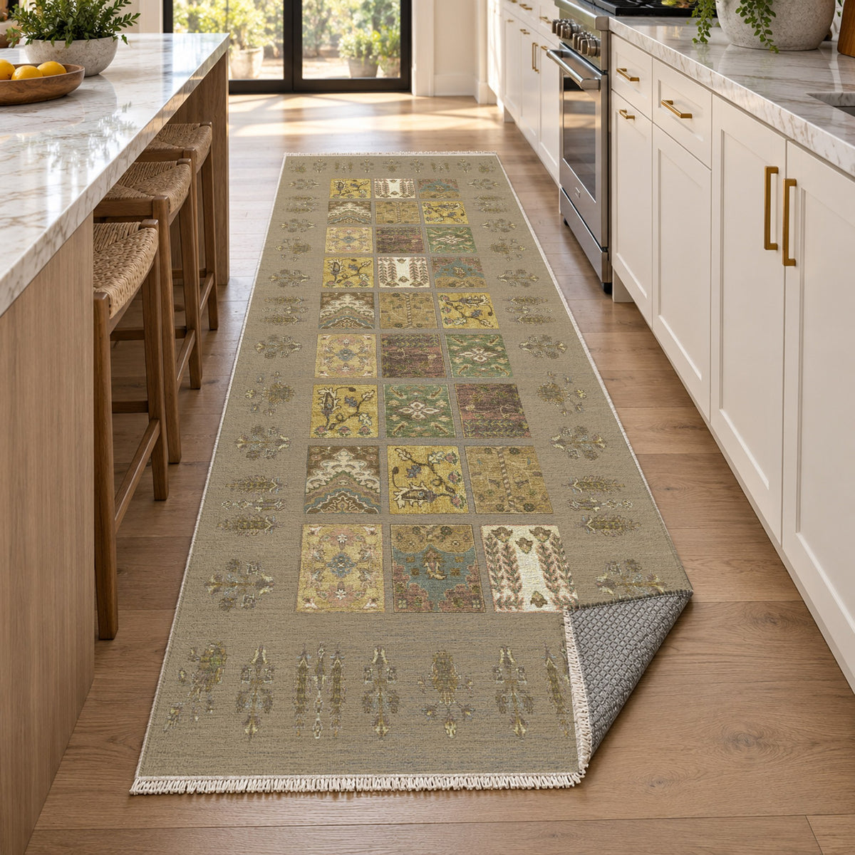 Patchwork Beige Ethnic Washable Rug — new york kitchen runner