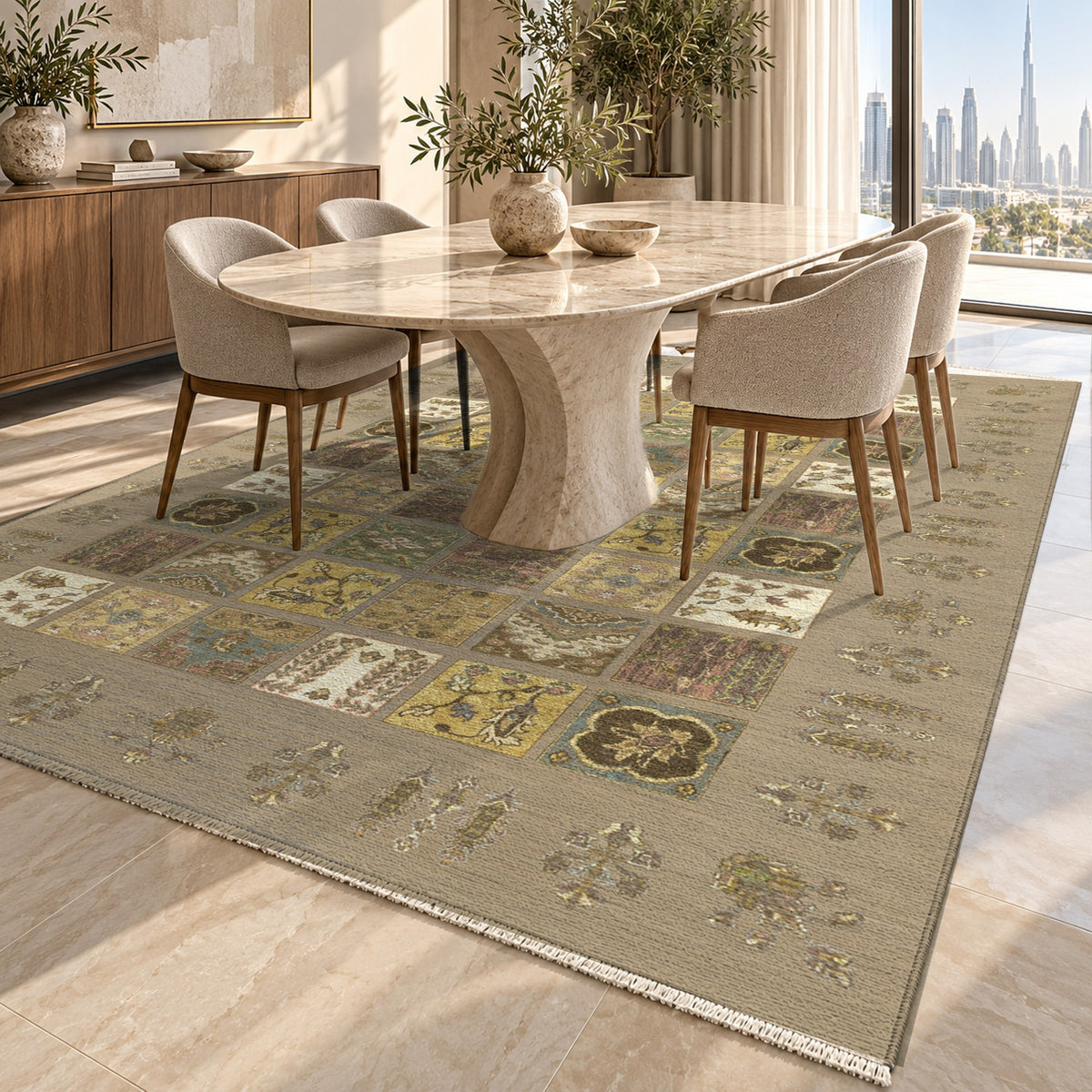 Patchwork Beige Ethnic Washable Rug — dubai dining