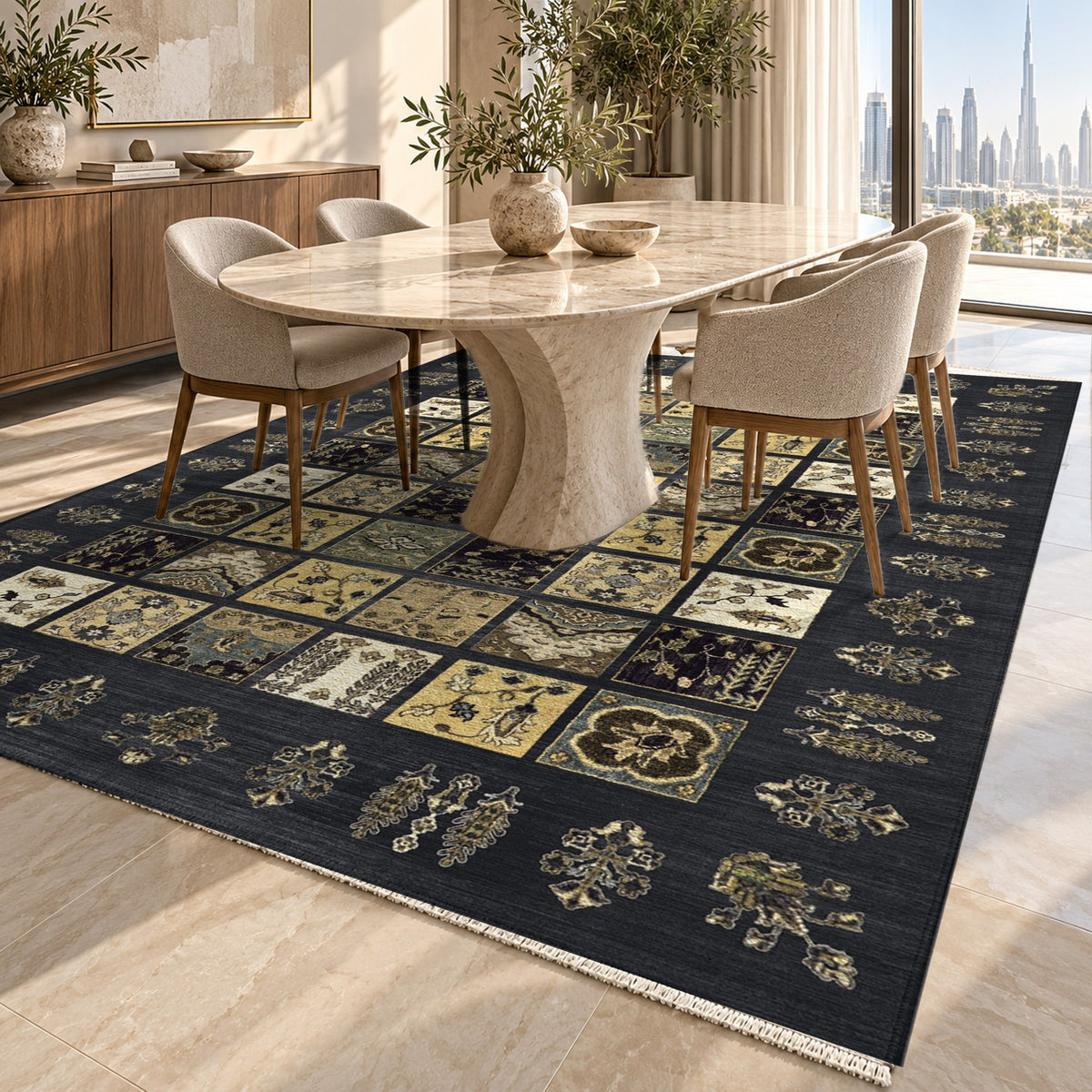 Patchwork Black Ethnic Washable Rug — dubai dining