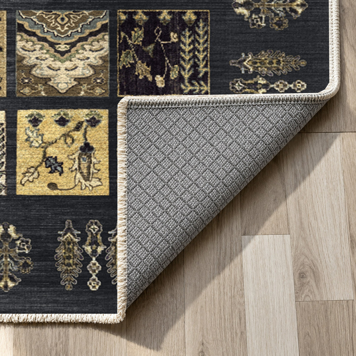 Patchwork Black Ethnic Washable Rug — backing close up