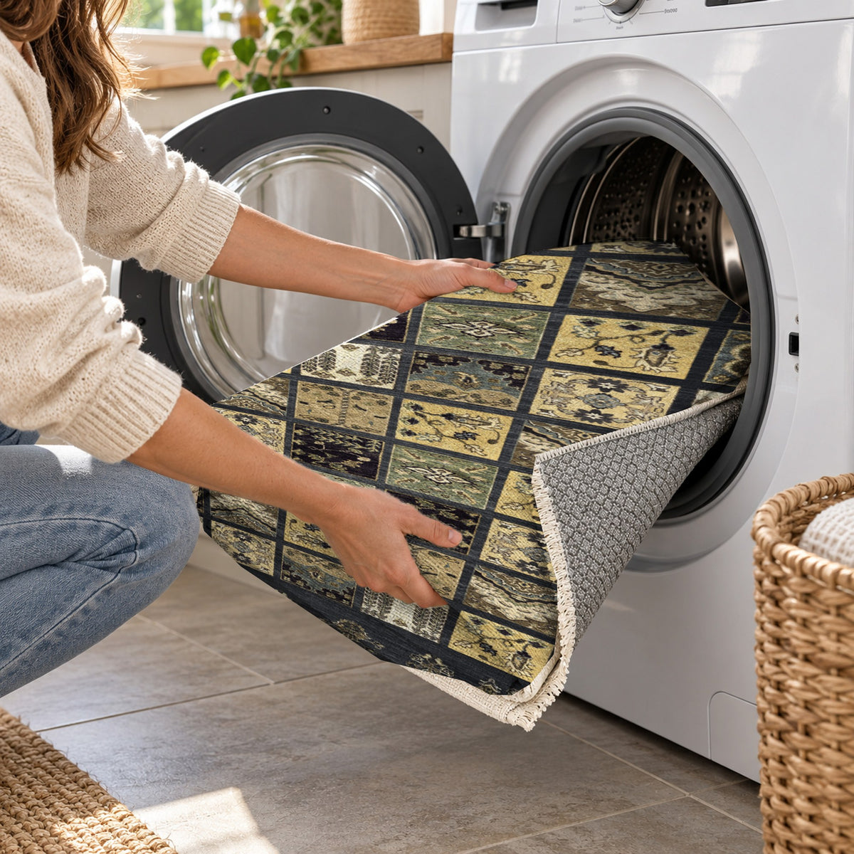 Patchwork Black Ethnic Washable Rug — washing machine