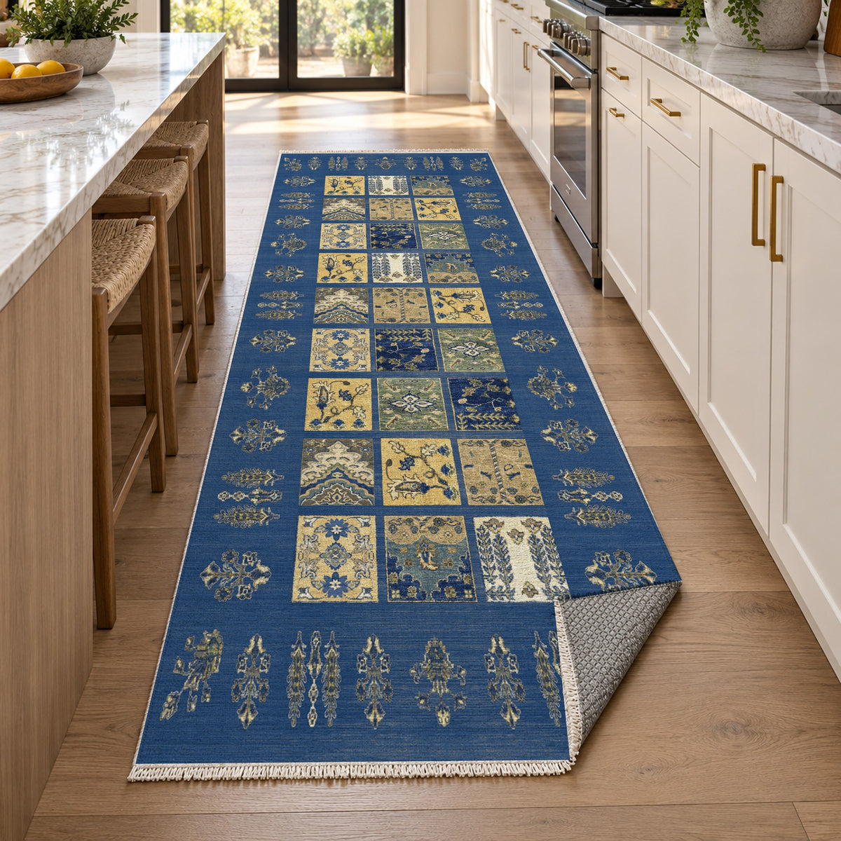 Patchwork Blue Ethnic Washable Rug — new york kitchen runner