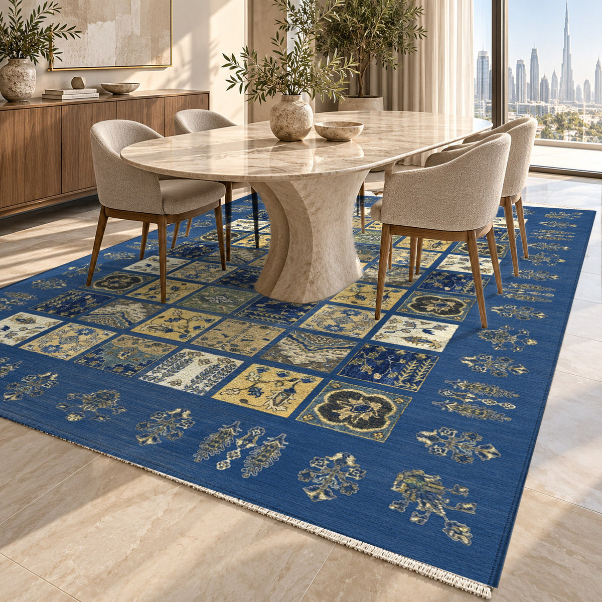 Patchwork Blue Ethnic Washable Rug — dubai dining