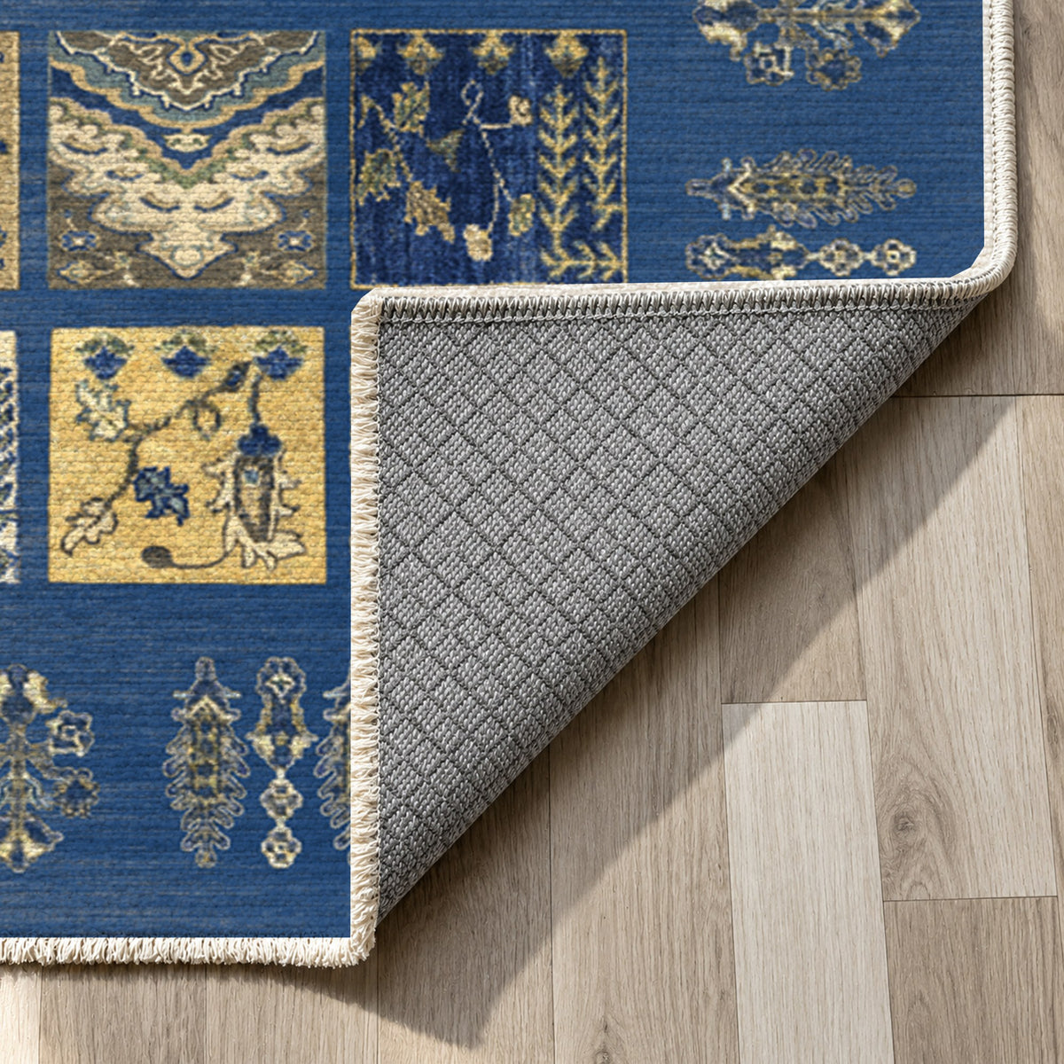 Patchwork Blue Ethnic Washable Rug — backing close up