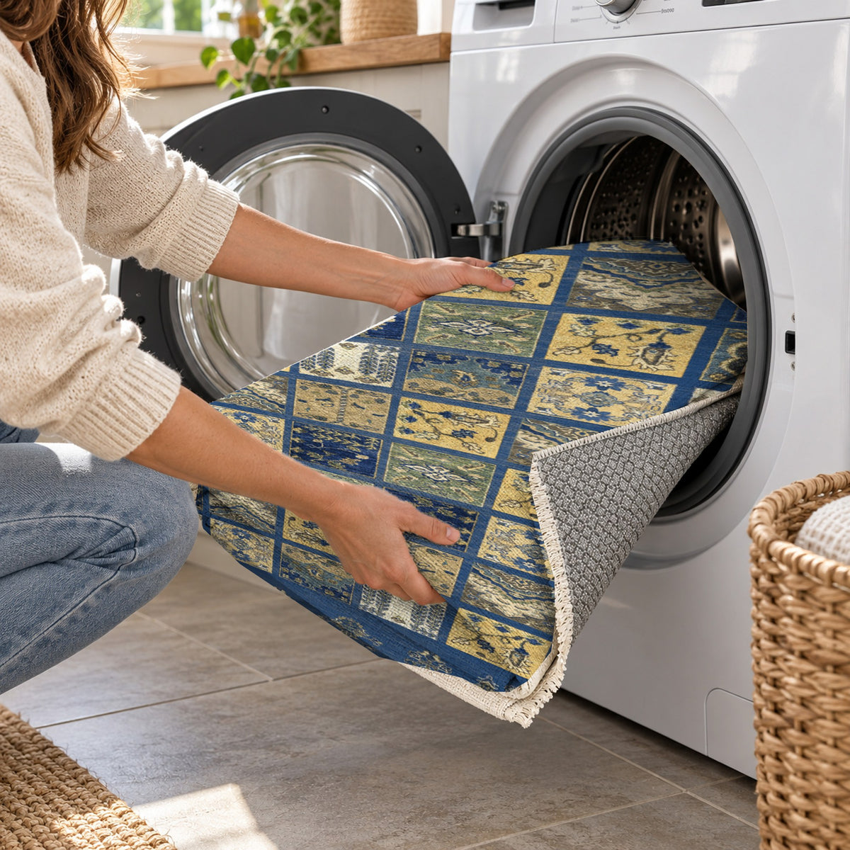 Patchwork Blue Ethnic Washable Rug — washing machine