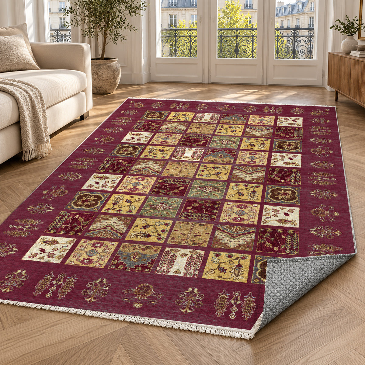 Patchwork Burgundy Red Ethnic Washable Rug — paris living