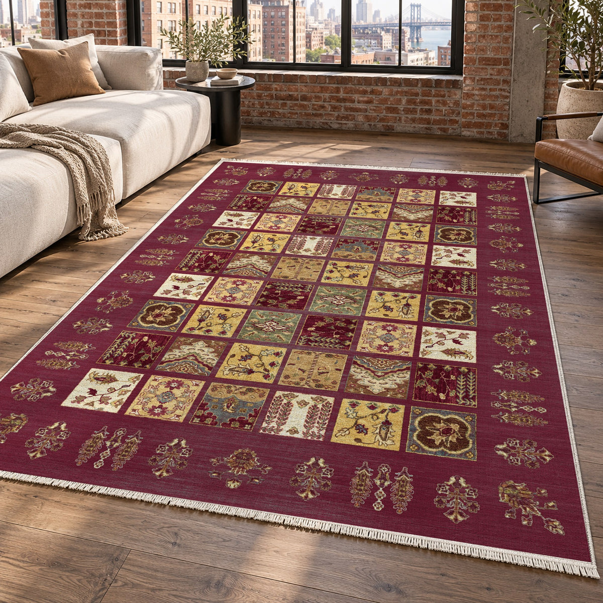 Patchwork Burgundy Red Ethnic Washable Rug — new york living