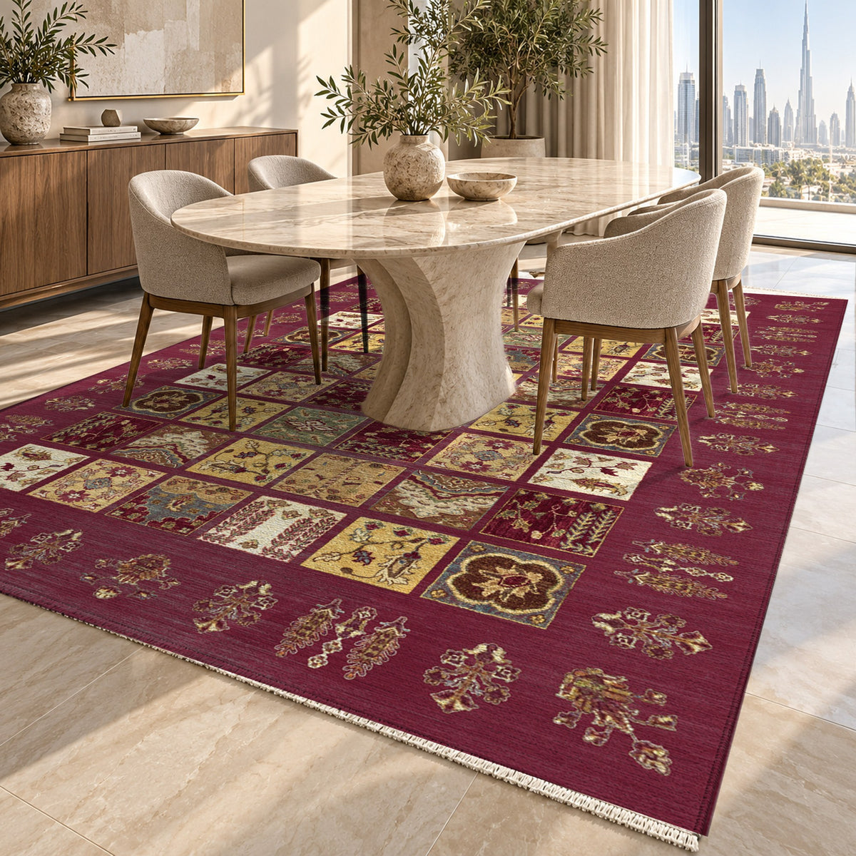 Patchwork Burgundy Red Ethnic Washable Rug — dubai dining