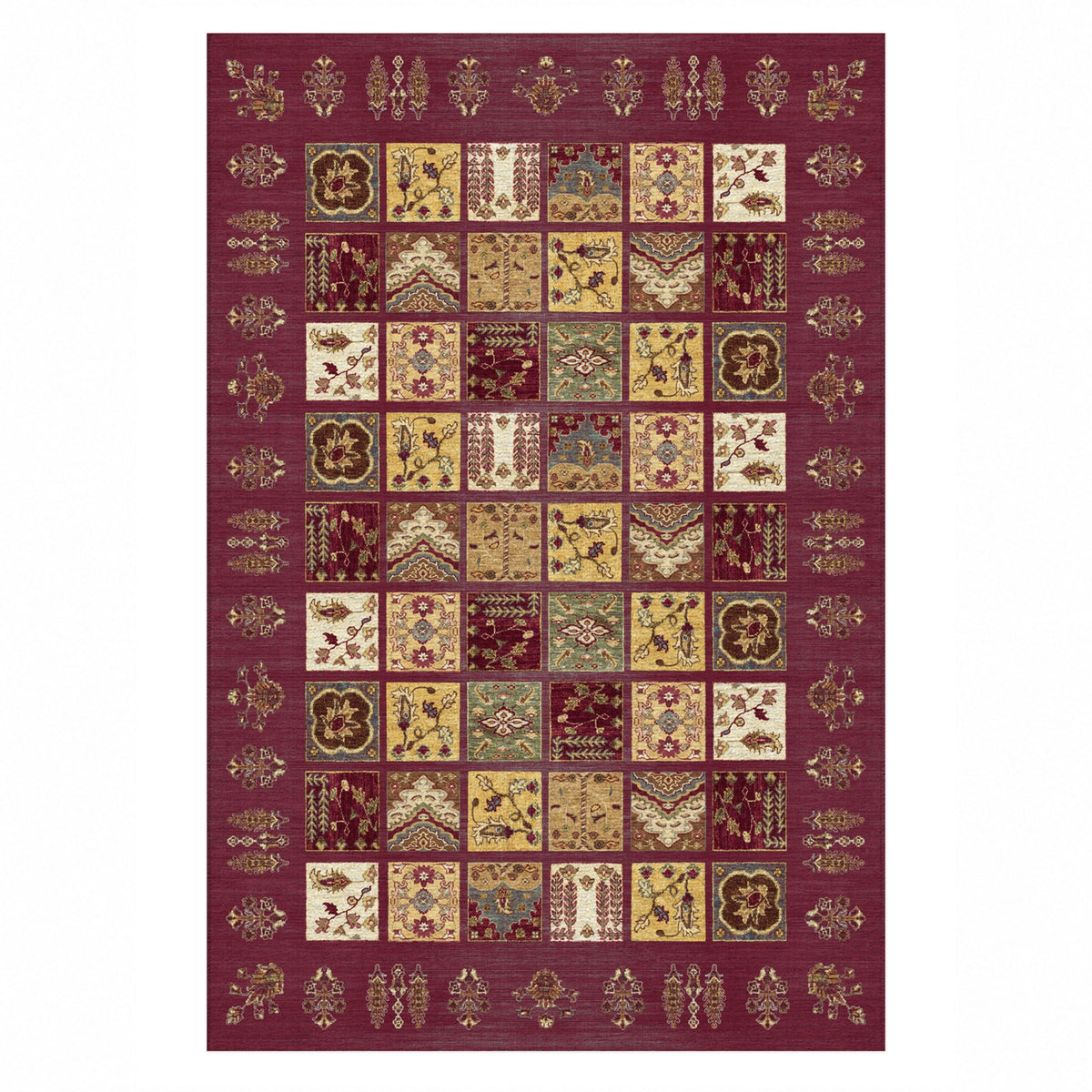 Patchwork Burgundy Red Ethnic Washable Rug — top view