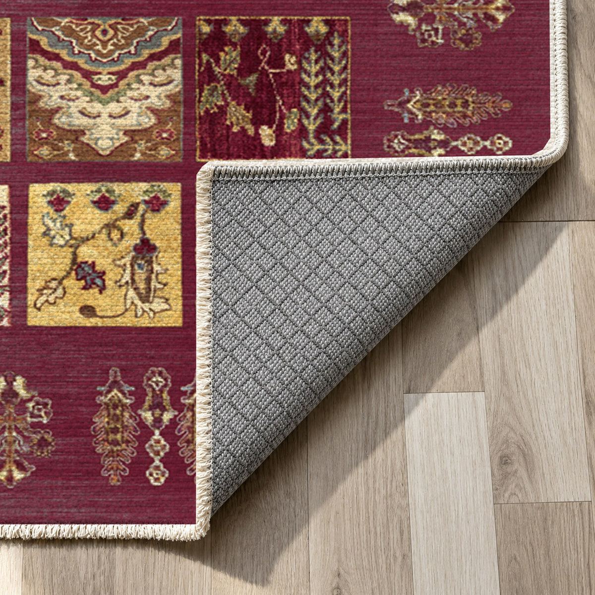 Patchwork Burgundy Red Ethnic Washable Rug — backing close up