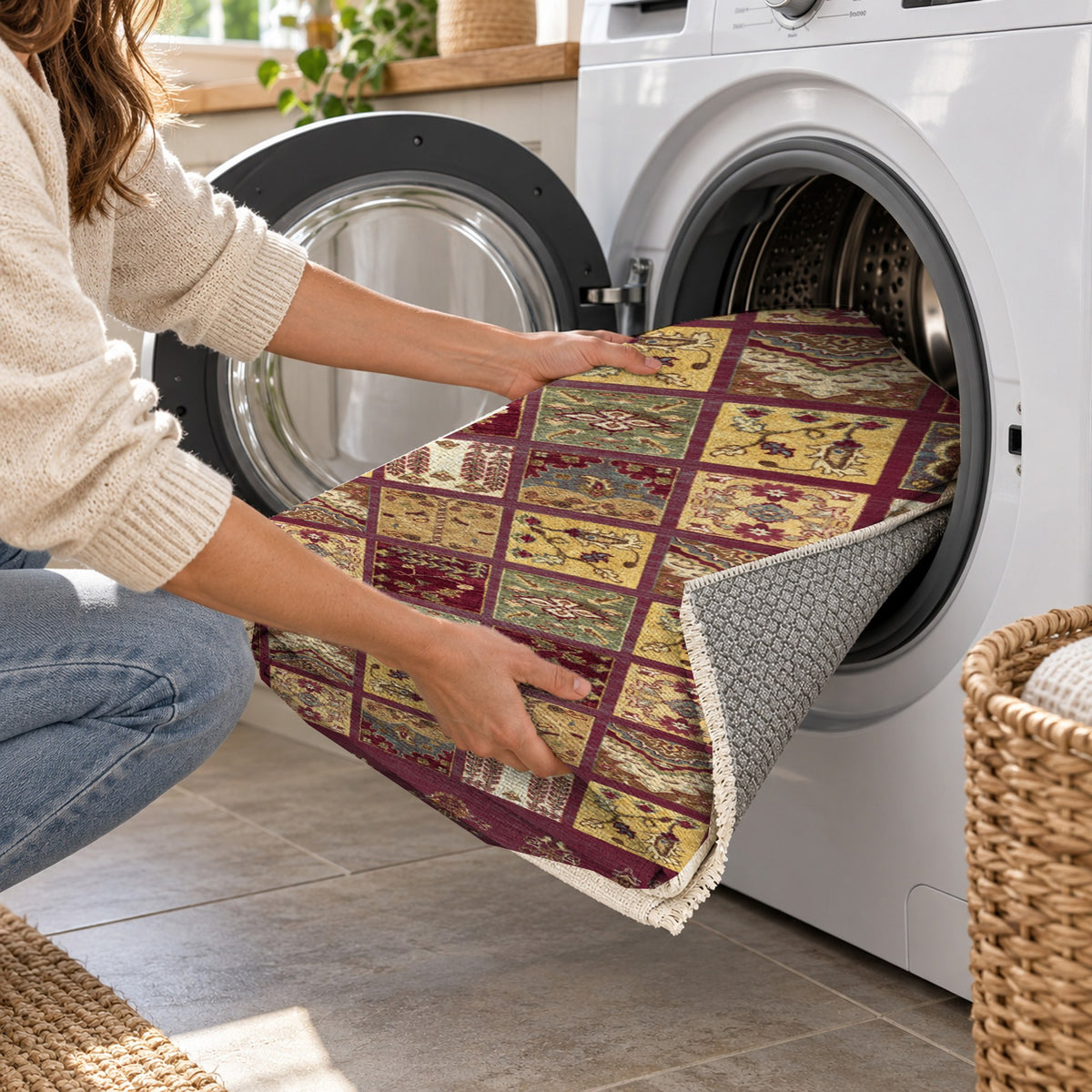 Patchwork Burgundy Red Ethnic Washable Rug — washing machine