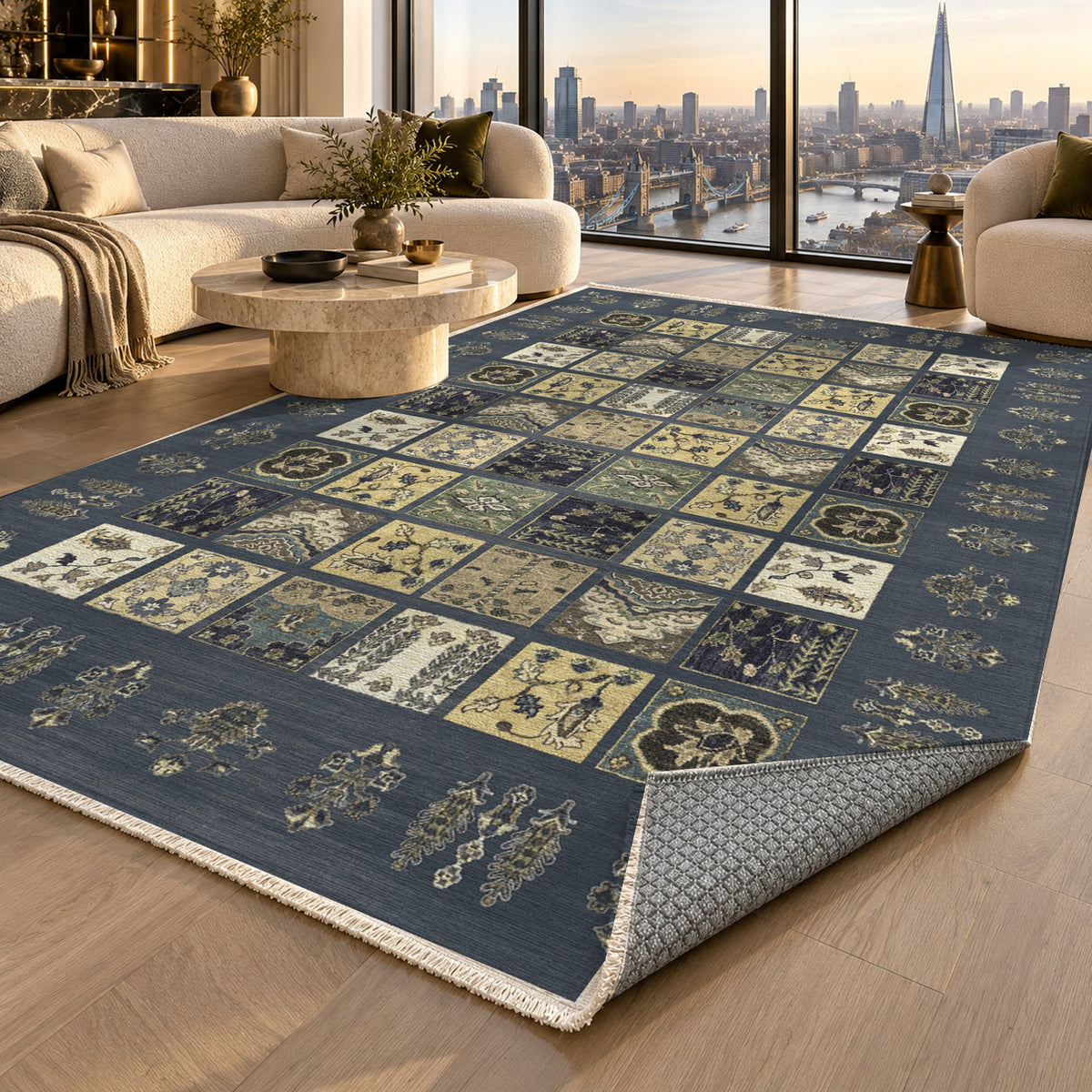 Patchwork Charcoal Ethnic Washable Rug — london luxury living
