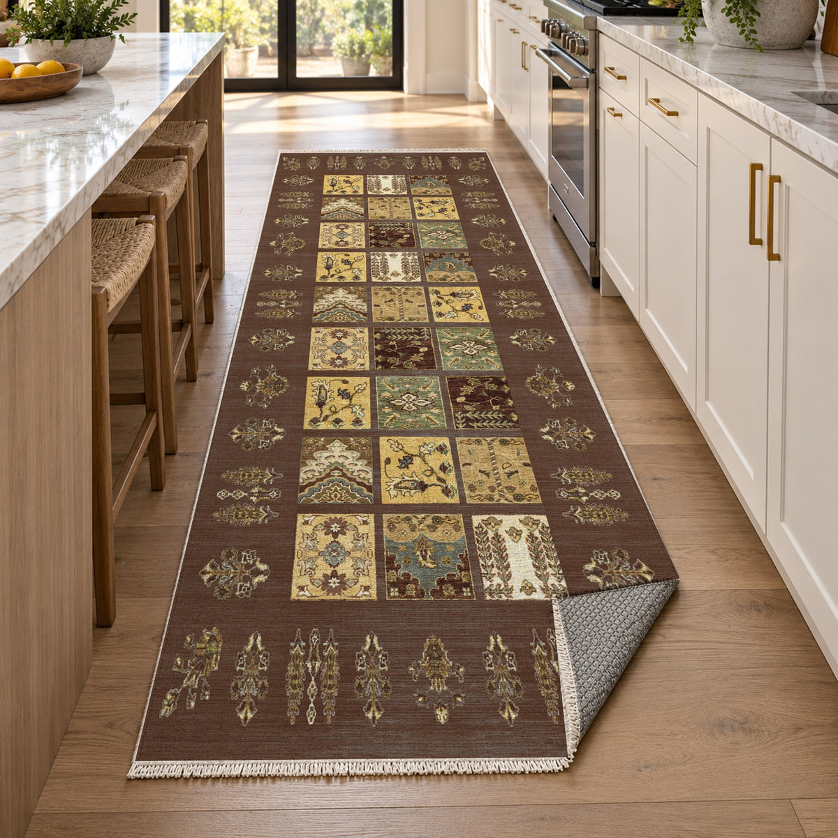 Patchwork Chocolate Ethnic Washable Rug — new york kitchen runner